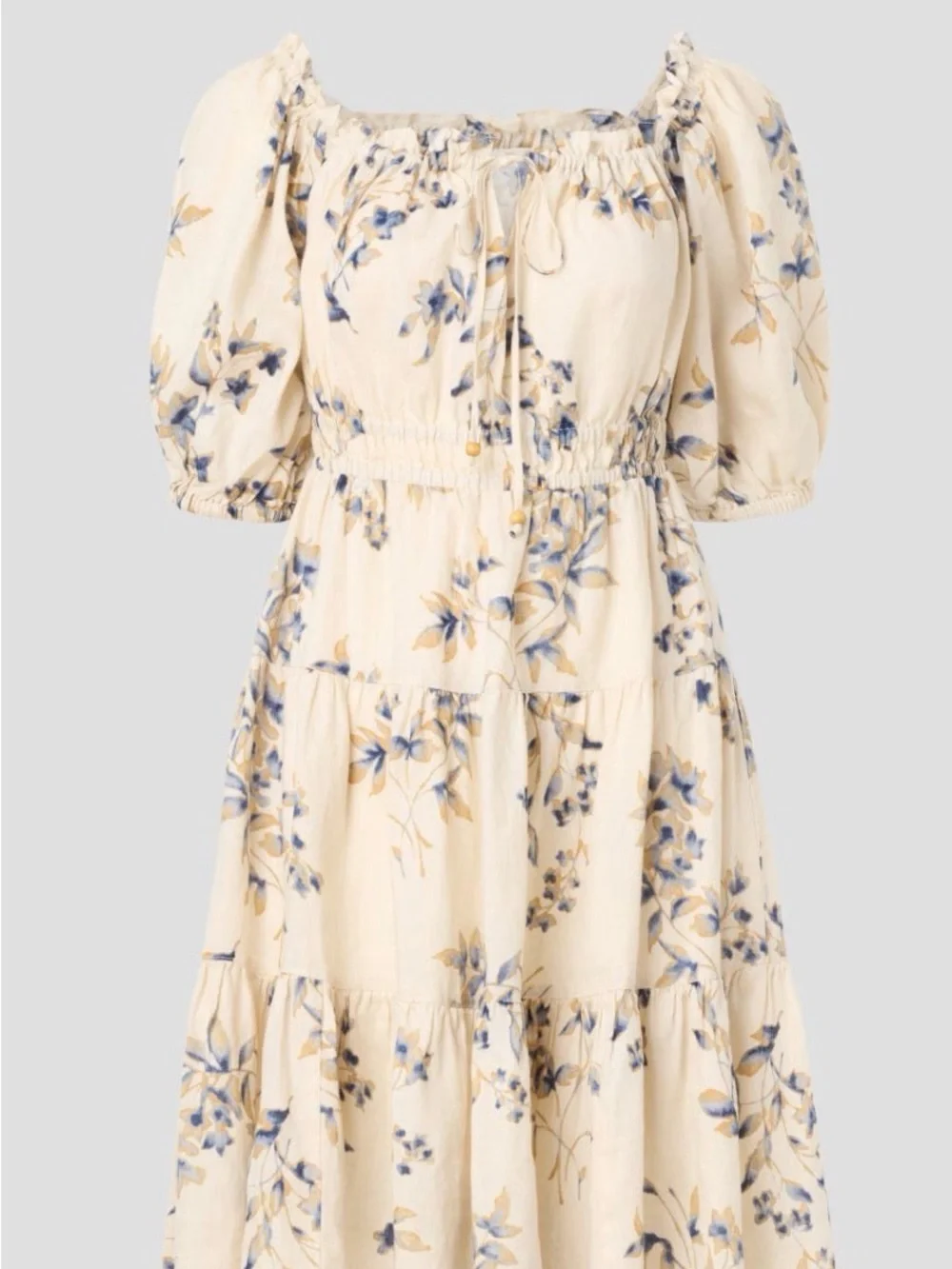 Ralph Lauren Cream Floral Puff-Sleeve Maxi Dress with Blue & Tan Flowers